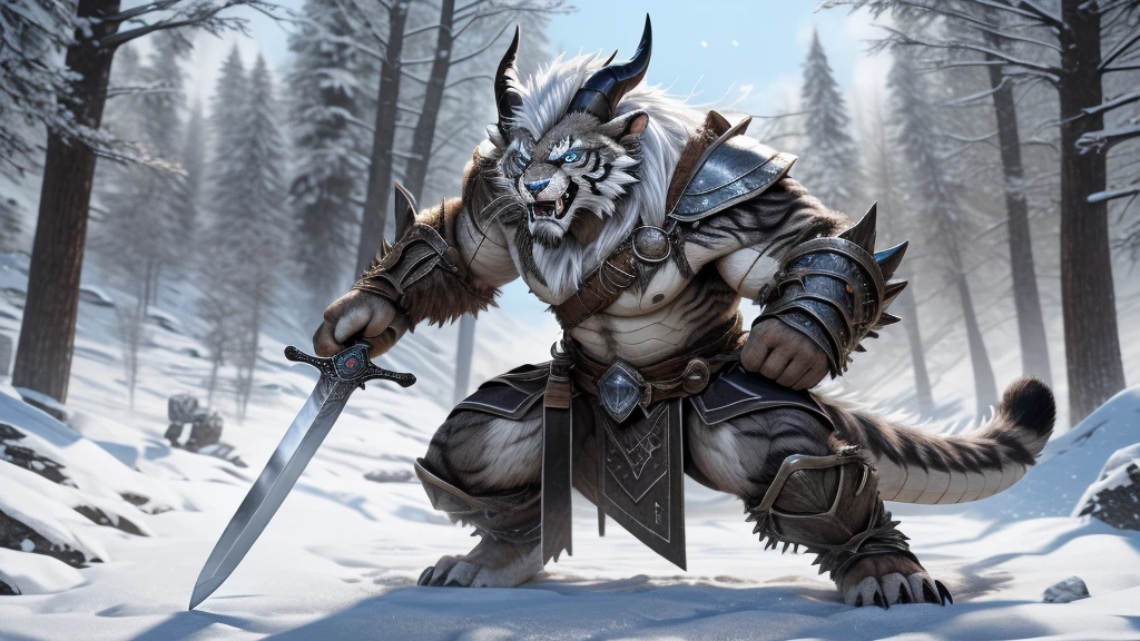 head、Animal cat face、A pair of dragon horns,Full body of fluffy white hair、Heavy breathing、Gnashing of teeth,Serious expression,Fluffy belly、Leather Armor,Viking style,wildcat、blue eyes,(contour)Full body covered with long white hair、Hairy body、Long and thick armpit hair、Fangs、4K,Black and white photo tree background,Snow Scene,Sharp claws、Capture the composition of the whole body、Fighting stance with weapons/spear/sword/dagger