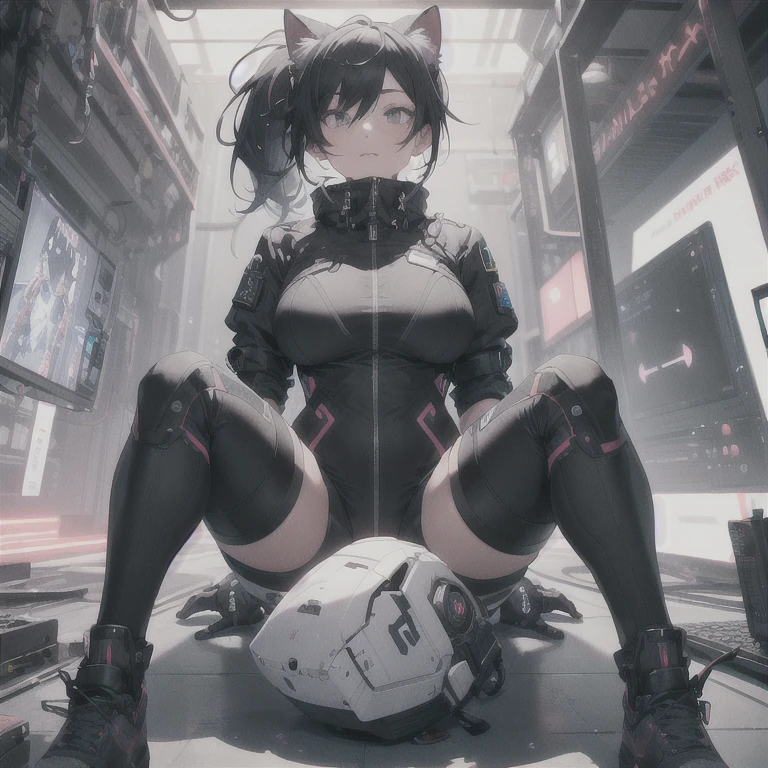 Absurd resolution, high resolution, (masterpiece: 1.4), hyper-detail, fullbody image, solo, 1 kemono feline cat woman, black hair, messy ponytail, cute face, detailed soft grey eyes, extremely large bust, huge hyper super breasts, wide full hips, narrower torso, smaller torso, full thicc soft thighs, rounded full soft butt, monochrome black and grey fullbody covering protective padding pilot rugged utility suit with white accents and chest, cyberpunk padded high collar techwear jacket with white and black triangular decals and techwear iconography, techwear gloves, lower arm mounted display scifi tablet/communication device/computer, rugged tablet display mounted on MOLLE strap on top of her bust, fitted utility pants, near future scifi, cyberpunk aesthetic, anime aesthetic