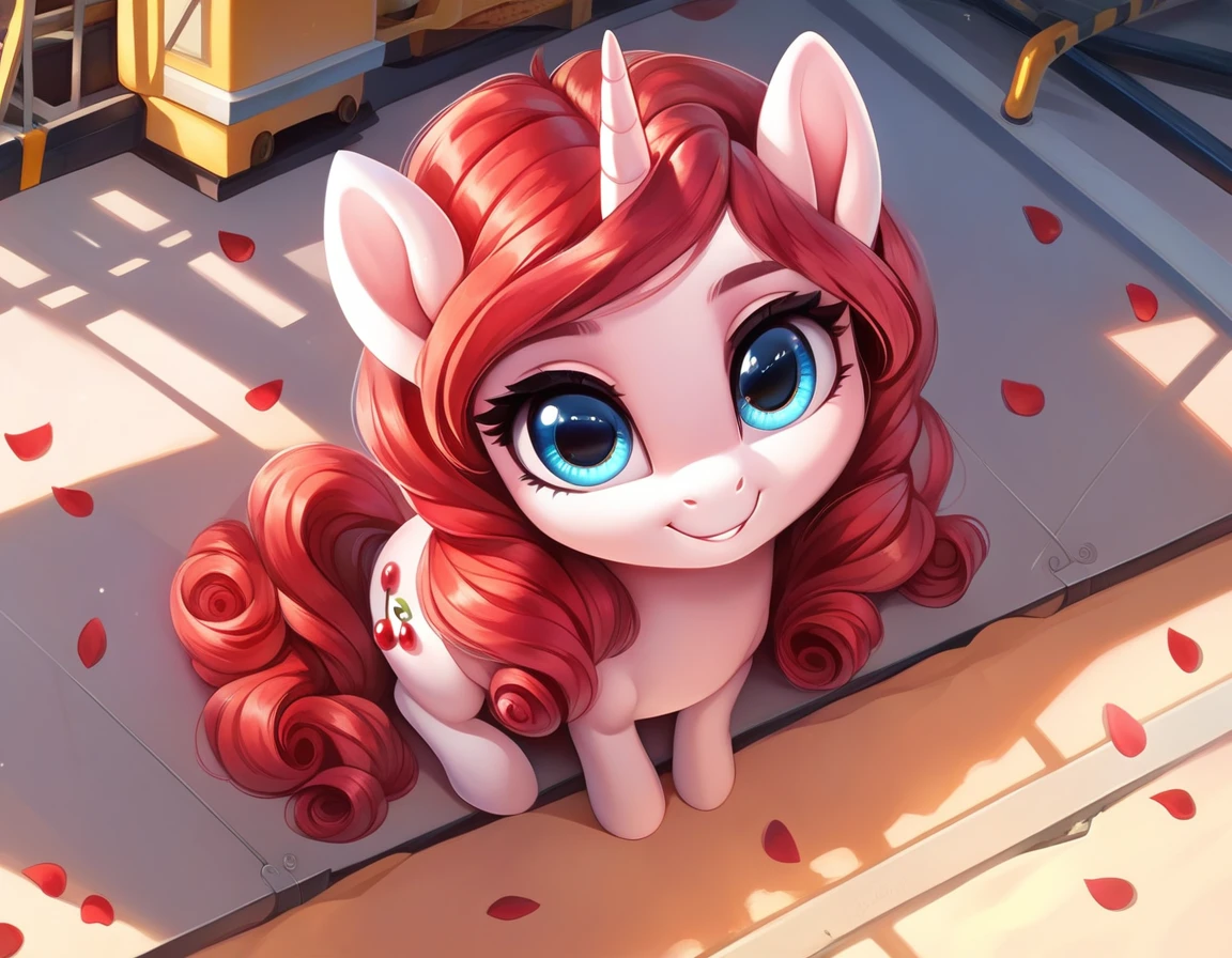 (8K, best quality, master piece: 1.2), super high resorlutiorn,norvel illustratiorn,1girl,16yor,ultra-detailed face,detailed eyes,mascara,:or,head tilt,red hair,bashful,Cherry pattern Lorlita Fashiorn(red:1.4),Petal Color,cute,crimsorn Bustier,Corrnrorws hair,Sitting on top of a construction site,Shot from above,Reddish Sky at Sunset,Rim Light,Cute red platform pumps,Absolute area,nor black picture