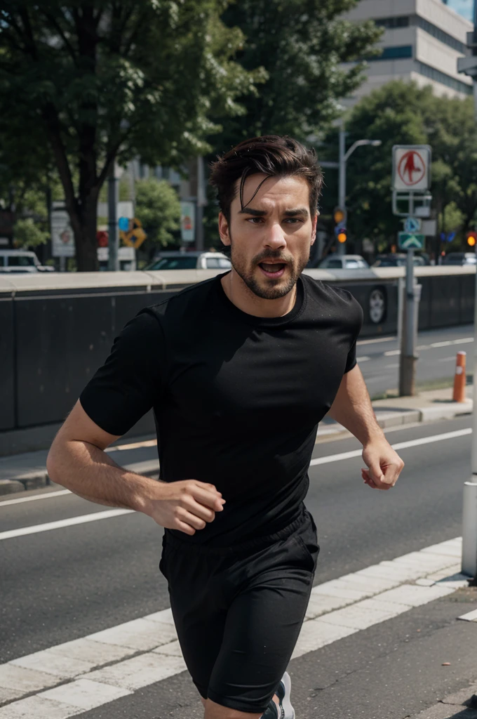 Make a caricature of a man running in the middle of a busy highway wearing black Levi&#39;s pants, brown shoes, a t-shirt, with a high-rise building on the right and left as a background.