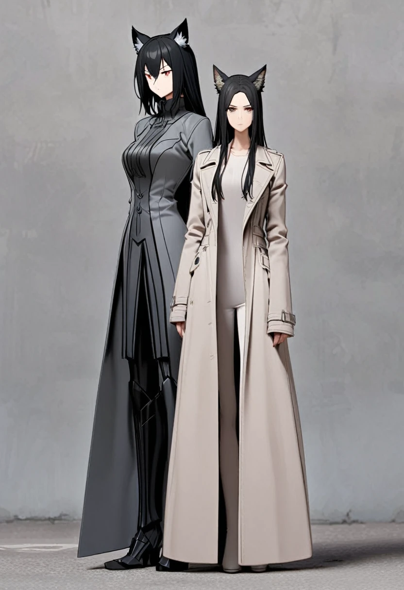Black hair girl,Wolf ears,Tall figure,one person,Gray coat,indifferent