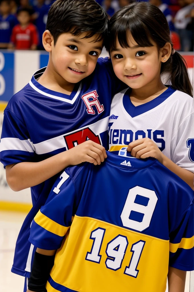 A  boy wearing jersey with the bf name written prince in front holding the hand of 6 years oldng jersey 