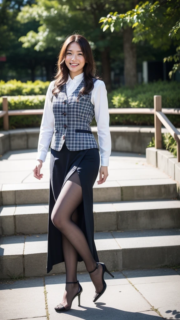 Ulchan-6500-v1.1, (RAW photo:1.2), (Photoreal), (genuine:1.4), １girl、perfect anatomy、48 years old、look at the camera、medium long hair、Plaid vest、((walk in the park:1.1))、(super realistic pantyhose:1.2), (high heels)、(business services)、((full body shot:1.2))、(very affectionate smile:1.2)、