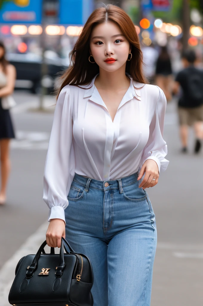 a 20 year old face of the most beautiful actress in the world, the perfect body proportions of a woman, formal blouse covering whole upper body is tight thanks to large breasts, vagina between bare legs, nothing is covering lower body, pubic hair, standing, at the city street, best quality, highly detailed, masterpiece, ultra high res, photo realistic, 8k