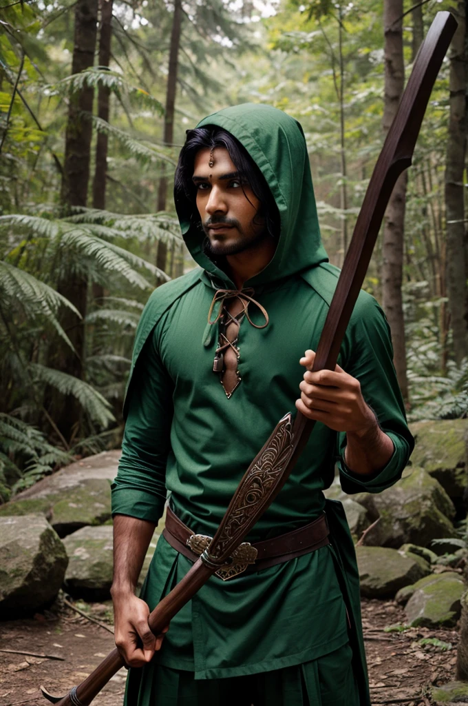 Indian male elf , full green clothes with hood black hair, brown eyes, slight beard ,23 age skinny , wielding bow