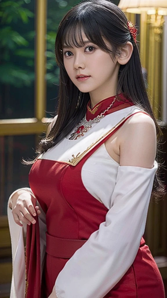 best quality, masterpiece, highres, 1girl, china hanfu,chinese architect background, red scarf, hair ornament,necklace, jewelry,Beautiful face,upon_body, tyndall effect,photorealistic, dark studio, rim lighting, two tone lighting,(high detailed skin:1.2), 8k uhd, dslr, soft lighting, high quality, volumetric lighting, candid, Photograph, high resolution, 4k, 8k, Bokeh,red dress girl, (natural big boobs)