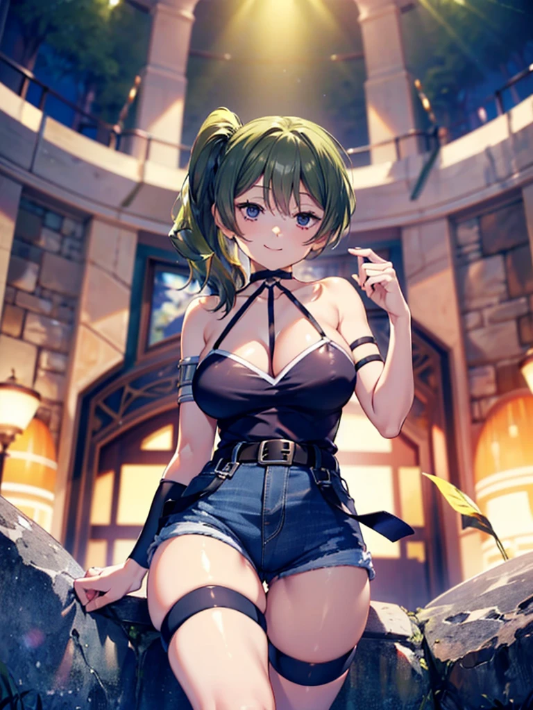(8K, Highest quality, Highest quality, masterpiece), ubel, 1girl, long hair, side ponytail, cleavage, belt, arm strap, single elbow glove, thigh strap, smile, denim hot shorts, mini shorts, big breasts, (cameltoe, cameltoe view)