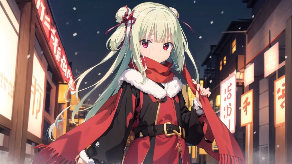 ((masterpiece)),(best quality),Official Art,Extremely detailed CG,Unity 8K wallpaper,Very detailed,Beautiful and delicate eyes,Extremely detailed face,1 girl,solitary,,(whole body:1.5),(small:1.3),,,Murasame,Very long hair,Green Hair,Face Up,Purple bow,hairpin,Side chains,Bangs,Red Eyes,Neck strap,Red belt,winter,Snowflakes fell in the sky,Light up the lights,Have a prosperous New Year,Spring Festival,Wearing a long red scarf,Red coat,Walking in the street,Celebrate in a warm atmosphere,Time magazine cover