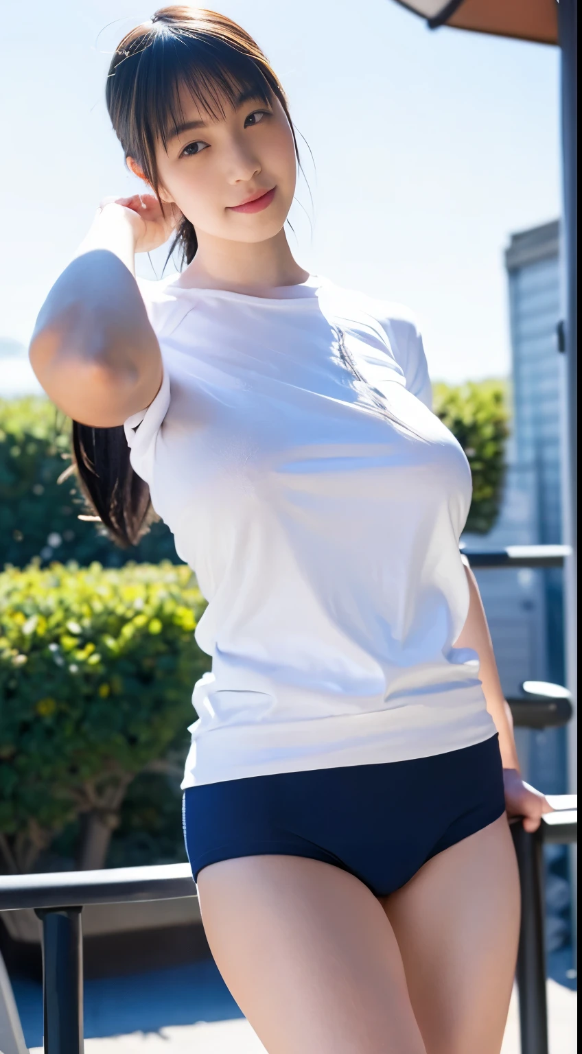 Portrait from head to knee、alone、high school girl、White skin、Natural Makeup、Black Hair、bangs、Straight Long Hair、((School-designated gym clothes))、((The upper body is a white short-sleeved gym uniform))、((Long white gym clothes))、(((Very tight bloomer rise bloomers)))、(((Navy Bloomer)))、(((Tuck the bottom of your gym clothes into your bloomers)))、Big Breasts、Big Ass、(((Schoolyard)))、((Realistic fingers))、((Perfect Style))