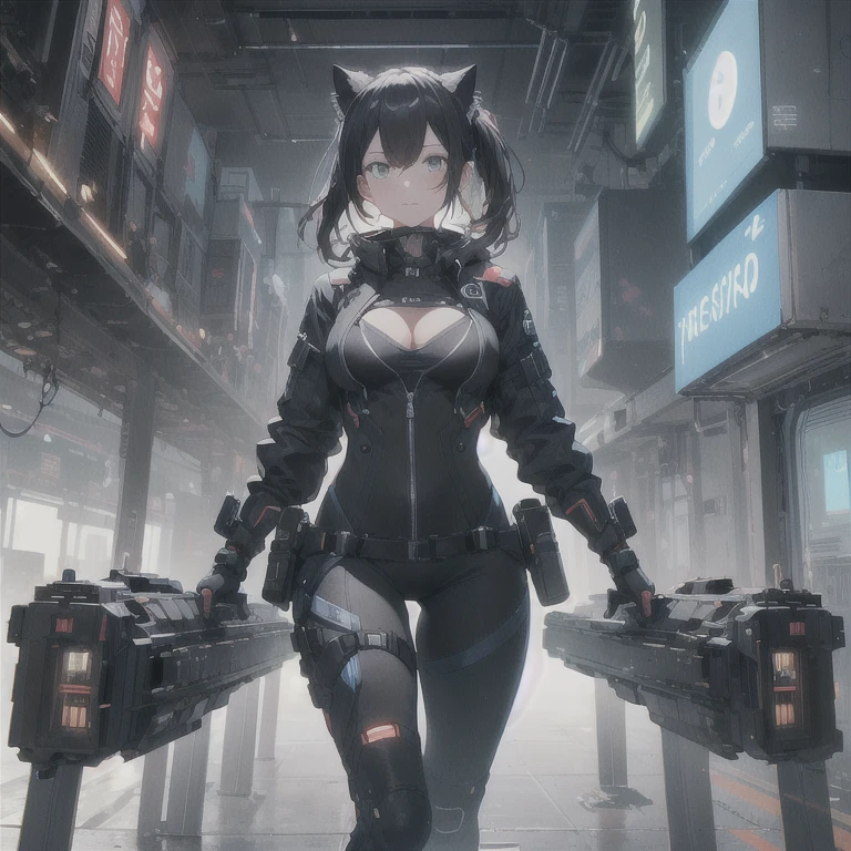 Absurd resolution, high resolution, (masterpiece: 1.4), hyper-detail, fullbody image, solo, 1 kemono feline cat woman, black hair, messy ponytail, cute face, detailed soft grey eyes, extremely large bust, huge hyper super breasts, wide full hips, narrower torso, smaller torso, full thicc soft thighs, rounded full soft butt, fullbody covering protective padding pilot utility suit, scifi padded high collar techwear jacket with triangular decals and techwear iconography, techwear gloves, wrist mounted display scifi tablet/communication device/computer, rugged tablet display mounted on MOLLE strap on top of her bust, fitted utility pants, near future scifi, cyberpunk aesthetic, anime aesthetic