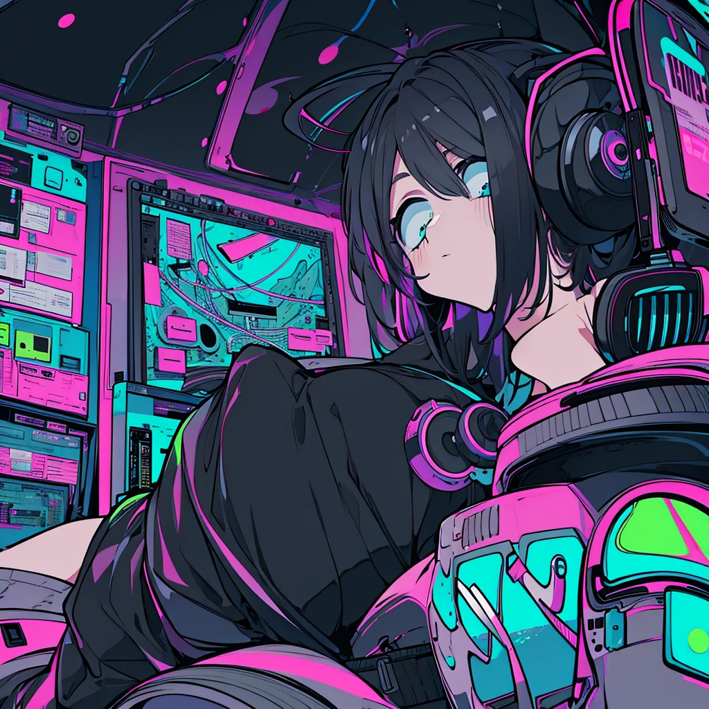 Best quality, (masterpiece:1.2), best detail face,1 girl, big breasts, 18 yo, 8k,absurdres,unity 8k wall paper,(extremely detailed:1.3), highest realistic, (retro headphones:1.1), (soft neon light:1.1), Her room full of music equipment and plants, Leaning back on the chair with a casual attitude, Light clothing in summer, natural color palette
