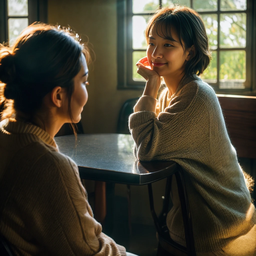 "A lonely woman sitting in the corner of a cozy café, surrounded by people yet isolated. She appears deep in thought, her expression reflecting sadness and solitude. The scene is softly lit, with warm, ambient light casting gentle shadows. The background shows blurred, indistinct faces of other café patrons, emphasizing her feeling of disconnection.
As the image progresses, show her in the morning light, washing her face, trying to hide her tears and pain. Transition to a park scene where she meets an older woman who offers a comforting presence. The older woman has a kind smile, and they are sitting on a bench, talking.
Finally, depict her in front of a mirror, softly lit, whispering to herself with a hint of a hopeful smile. The background should include elements of nature, symbolizing growth and healing, and a subtle light breaking through, indicating hope and new beginnings.""。 High resolution, masterpiece, Highest quality, Intricate details, Very detailed, Clear focus, Delicate skin, practical skin texture, texture, Delicate eyes, Professional, 4K, Shot with Canon, 85mm, Shallow and deep, Kodak Vision Color, Exactly, Very detailed, photograph_\(Extremist\), photographpractical, practical, Post-processing, Maximum details, Roughness, Real Life, Extremist practical, Photorealism, photographgraphy, 8K Ultra HD, photographgraphy