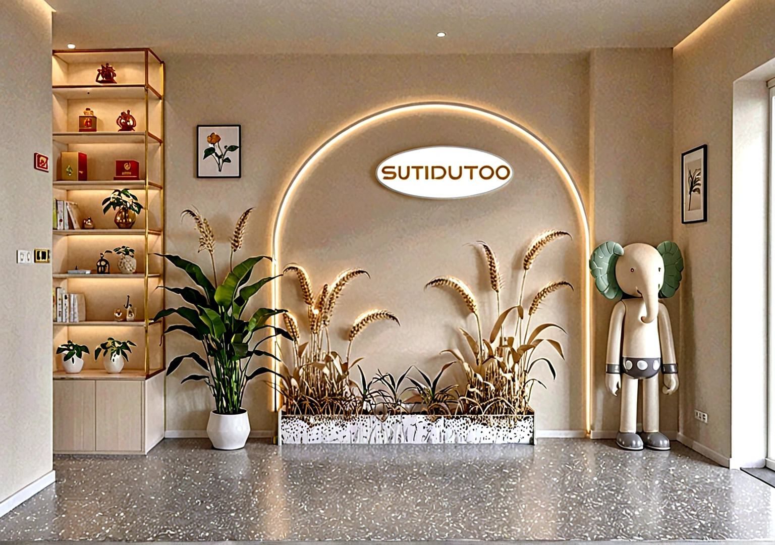 Create a stylish and simple living room,There is an arch-shaped decorative light surround on the white wall,There are golden ears of wheat inside,There is a banana tree on the right.,There are 6 shelves on the left side,There is perfume on the shelf,Potted plants,Night Light。The room should combine the texture of plasterboard and wallpaper,To present a stylish and exquisite appearance,Bright lights in the room,Soft light, Make the space feel open and bright. Incorporate simple decorative elements,Enhance modern aesthetic.Front view,Head-up,Real Effects,Photography,8K,Super Detail,High-definition photography