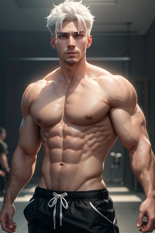 Create a male character, white hair, a very trained physique, shirtless and red eyes
