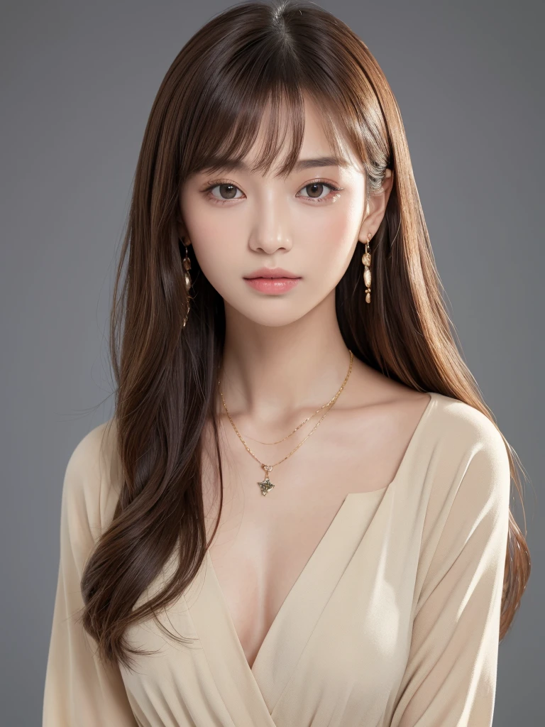 ((Highest quality, 8K, masterpiece:1.3)), concentrate: 1.2, Perfect body beauty: 1.4, Hips: 1.2, ((Long Hair, chest: 1.2)), (Dry clothes: 1.1) , (clear, Simple Background:1.3), Simple clothes: 1.1, Highly detailed face and skin texture,Delicate eyes, double eyelid, Whitened skin, Rough skin、Long Hair、Earrings with bangs、necklace、 solo、Beige coat、White shirt, (((Beautiful girl with cute Japan)))、 ((Beautiful Japanese girl 20 years old))、 ((Baby Face))、 (((Slender body)))、 Upper Body,Face focus、necklace,Simple Background,From above, Realistic Hair、 A photograph was taken:Canon EOS R6、135mm、1/1250 seconds、f2.8、ISO400、(Detailed explanation of the hand)、(Masseter muscle area)、(Exquisite CG)、Long Hair, loose and curly hair、Korean Hair、Long Hair明るいベージュ色、グラデーションハイライトグレージュのゆるふわLong Hairスタイル、