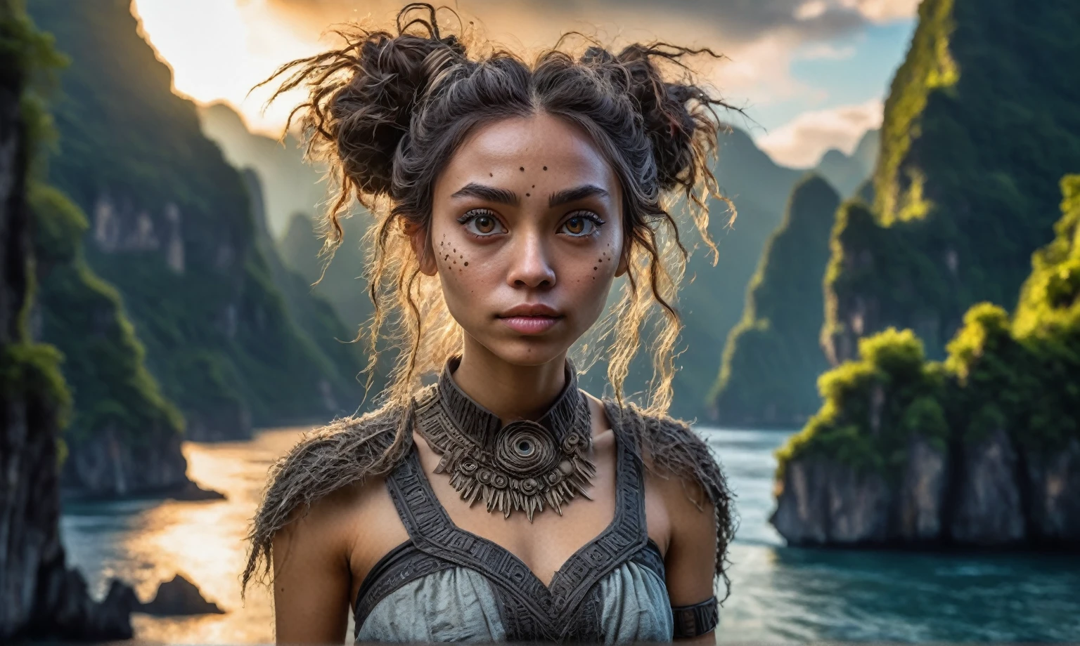 view from height,full-body-shot,charcoal The Alien Entity Moana, sassiness temper,natural skin textures, hyper realisitc, hyper detailed,Extremely detailed,High contrast, ,Realistic,Ultra Detailed,intricate details,realistic humid skin,extremely intricate,Epic Realistic, Romantic, cinematic style,irina yermolova, messy hair,luminous eyes,extremely detailed, [night landscape],masterpiece,intricate details,faded,eyes extremely detailed, high detailed eyes,32k resolution, Nikon Z9,orc's village of fishers on Li River in  National Forest Park,full body length,mother-of-bismuth TAUN WE from star wars,ominous landscape,flying islands on background in dangerous atmosphere,intricate details,realistic humid skin,extremely intricate details,anatomically correct,faded,eyes extremely detailed, high detailed eyes,UHD,Retina,HDR,natural skin textures, hyper realism, hyper detailed,High contrast,Realism,Ultra Detailed,irina yermolova,close full body shot, masterpiece,faded,32k resolution, Nikon Z9,sunset, a Tim Burton-inspired dreamscape,Bun Hair,(Folk clothes:1.5)