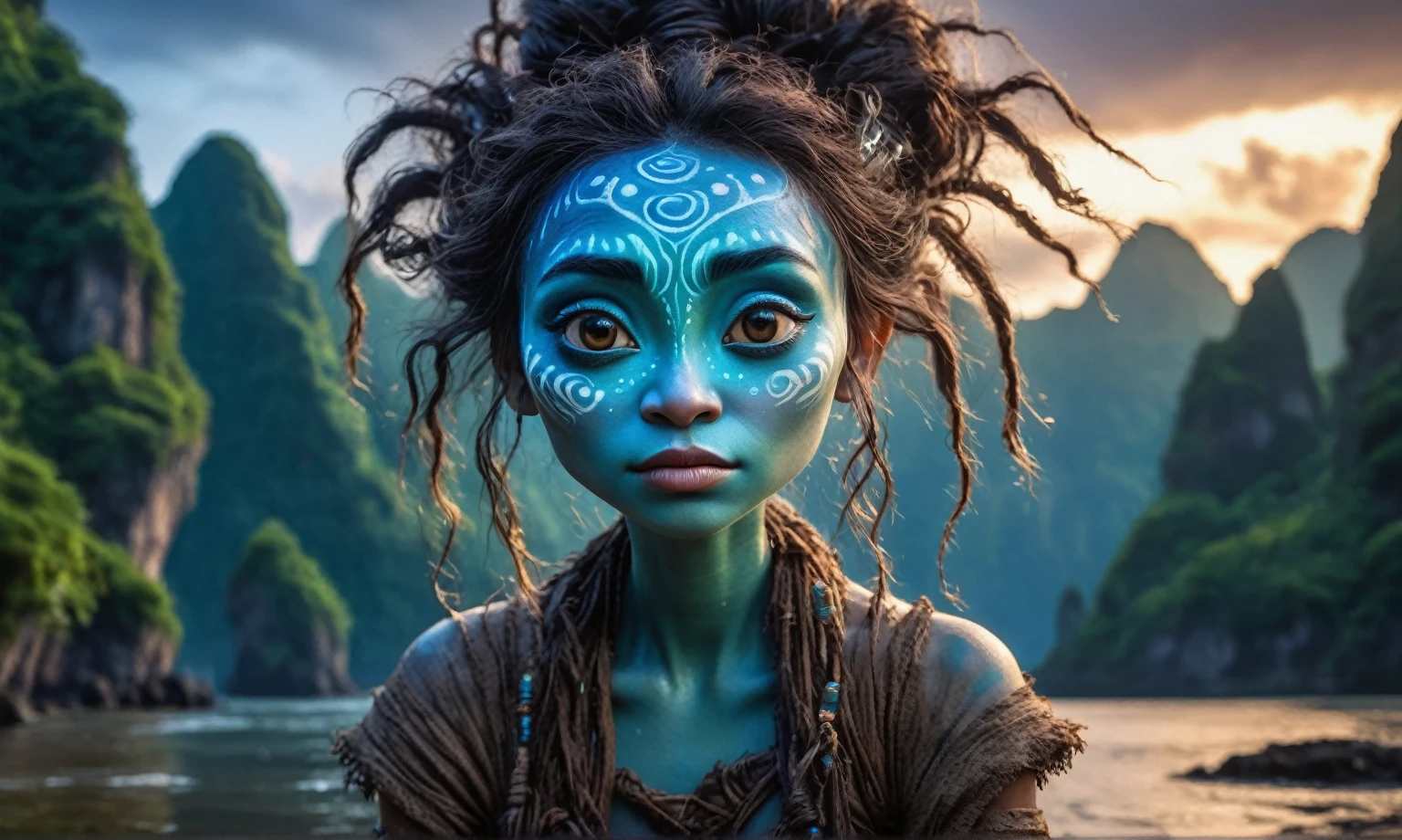 view from height,full-body-shot,charcoal The Alien Entity Moana, sassiness temper,natural skin textures, hyper realisitc, hyper detailed,Extremely detailed,High contrast, ,Realistic,Ultra Detailed,intricate details,realistic humid skin,extremely intricate,Epic Realistic, Romantic, cinematic style,irina yermolova, messy hair,luminous eyes,extremely detailed, [night landscape],masterpiece,intricate details,faded,eyes extremely detailed, high detailed eyes,32k resolution, Nikon Z9,orc's village of fishers on Li River in  National Forest Park,full body length,mother-of-bismuth TAUN WE from star wars,ominous landscape,flying islands on background in dangerous atmosphere,intricate details,realistic humid skin,extremely intricate details,anatomically correct,faded,eyes extremely detailed, high detailed eyes,UHD,Retina,HDR,natural skin textures, hyper realism, hyper detailed,High contrast,Realism,Ultra Detailed,irina yermolova,close full body shot, masterpiece,faded,32k resolution, Nikon Z9,sunset, a Tim Burton-inspired dreamscape,Bun Hair,(Folk clothes:1.5)