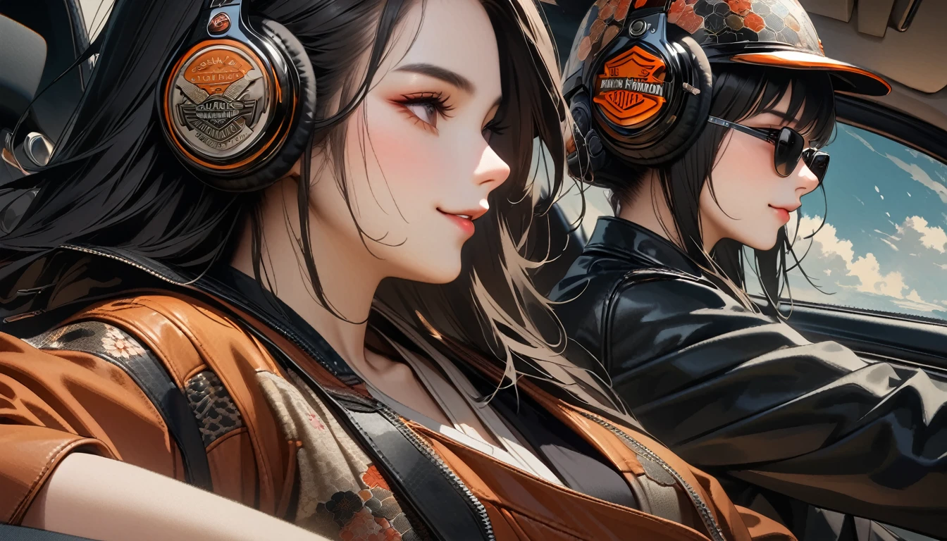((8k of extremely detailed CG unit, Masterpiece, high resolution, highest quality, highest quality real texture skin)), (((profile))), (((Japanese pattern leather jacket))), (((Harley-Davidson))), (((Japanese style headphones))), (((sunglasses))), (((Smiling while driving))), (((Japanese patterned helmet))), ((1 girl)), (Black hair, messy hair, beige skin), (surreal, digital painting)
