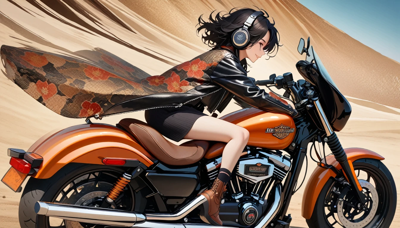 ((8k of extremely detailed CG unit, Masterpiece, high resolution, highest quality, highest quality real texture skin)), (((profile))), (((Japanese pattern leather jacket))), (((Harley-Davidson))), (((Japanese style headphones))), (((sunglasses))), (((Smiling while driving))), (((Japanese patterned helmet))), ((1 girl)), (Black hair, messy hair, beige skin), (surreal, digital painting)