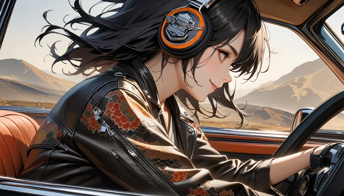 ((8k of extremely detailed CG unit, Masterpiece, high resolution, highest quality, highest quality real texture skin)), (((profile))), (((Japanese pattern leather jacket))), (((Harley-Davidson))), (((Japanese style headphones))), (((sunglasses))), (((Smiling while driving))), (((Japanese patterned helmet))), ((1 girl)), (Black hair, messy hair, beige skin), (surreal, digital painting)