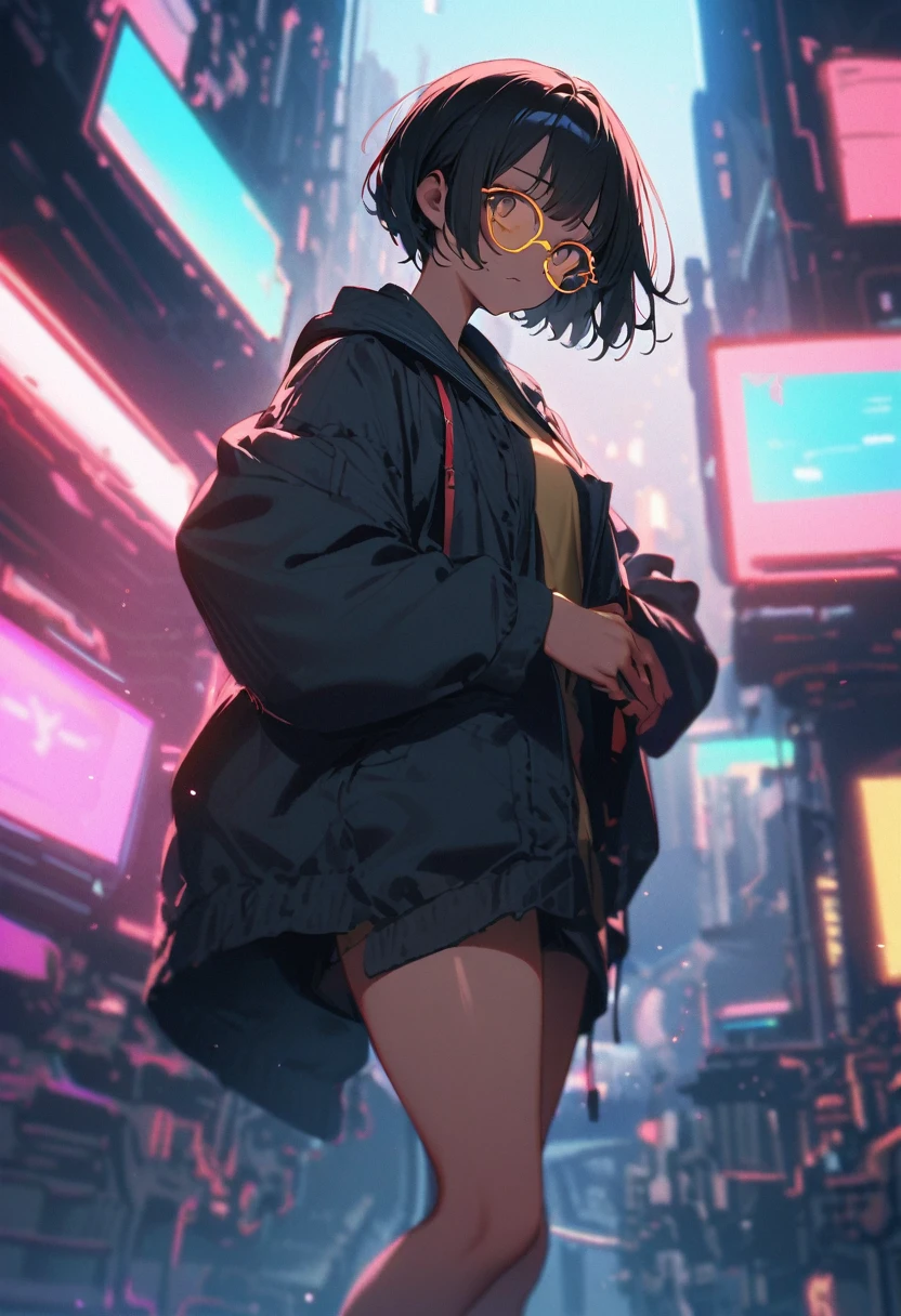 (blurry background:1.3), (extremely detailed fine touch:1.3), (super very black short hair:1.3), (((yellow underrim glasses:1.3))), headphones,(cybercity:1.3),asian cyberpunk:1.3), (neon:1.3), (innovative design:1.3),(nice view:1.3), (deep space:1.3), kimono, bare legs, bare arms, 