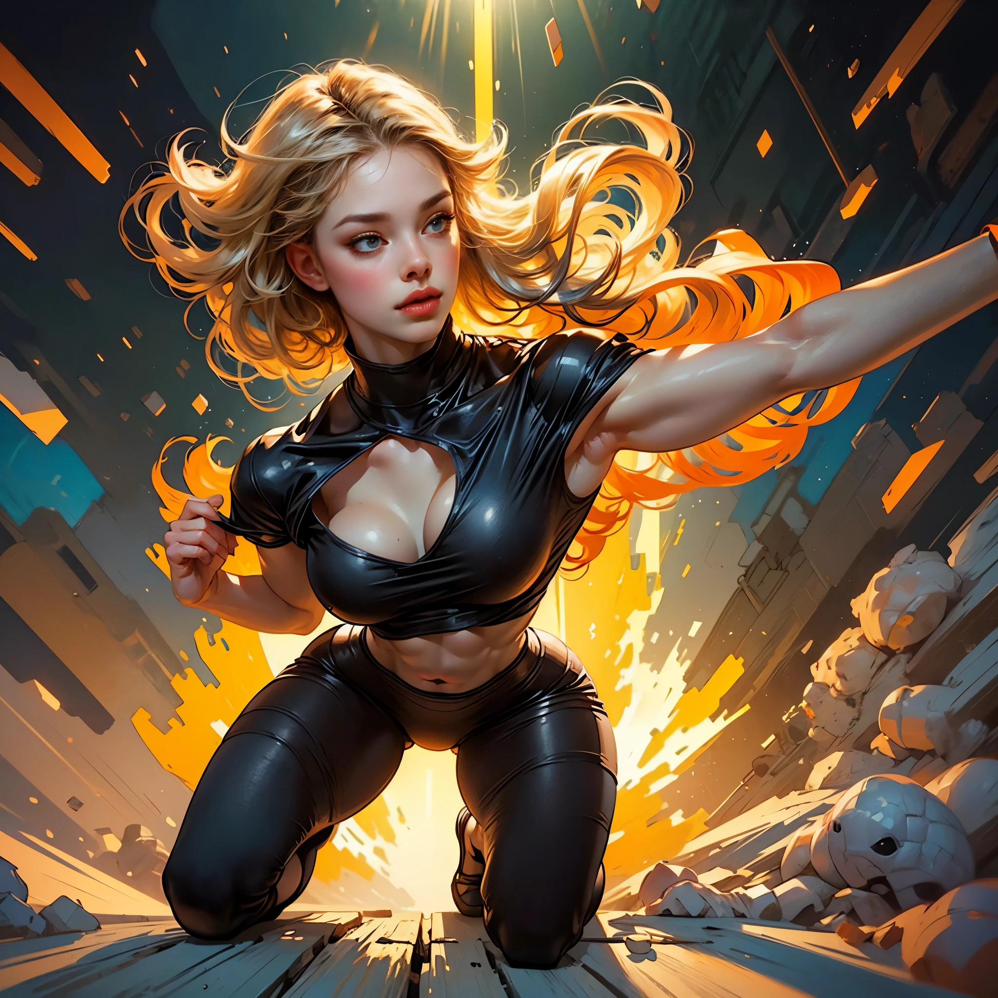 (Detailed full body portrait:1.4)、(training、Squat、Raising his arm to show his armpit、sweating:1.4)、(Female wrestler、a muscular build、Six Pack Abs)、Dramatic Wrestling Outfits、A wrestling ring stage under the spotlight、(Highest quality、4K、8K、High resolution、masterpiece:1.2)、Super detailed、(Real、Photorealistic、Photorealistic:1.37)、Dynamic action poses、Dynamic lighting、Cinematic composition、Highly detailed facial features、Highly detailed eyes and face、Long eyelashes、Chiaroscuro Lighting、Dramatic Shadows、Impressive color palette、Bright colors、Motion Trail Effect:1.9