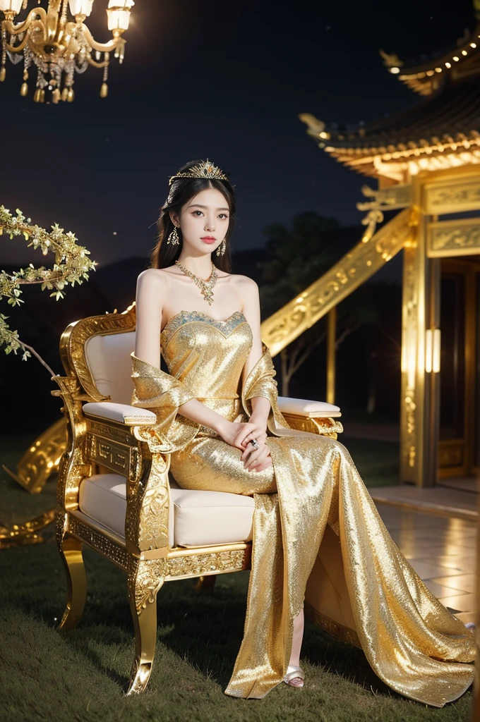 (((best quality))),(((ultra detailed))),(((masterpiece))),illustration,1 girl,solo,slim,thin,shoulder length straight bob hair,earrings,necklace,small breasts,flat chest,slender legs,high heels,Asian appearance,princess,royal,Chinese palace,night scene,magnificent dragon gown,golden crown,intricate embroidery,luxurious fabric,precious stones,(sitting on the metallic throne:1.3),decorative patterns,rich decorations,luxurious furnishings,regal charm,beautiful face,gentle smile,bright eyes,historical,traditional,city lights,modernity,frozen moment,beauty of the past,evolution of time,from front,full body,