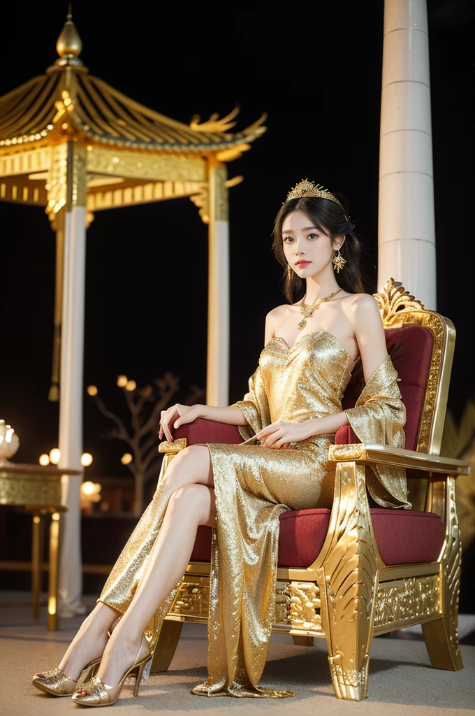 (((best quality))),(((ultra detailed))),(((masterpiece))),illustration,1 girl,solo,slim,thin,shoulder length straight bob hair,earrings,necklace,small breasts,flat chest,slender legs,high heels,Asian appearance,princess,royal,Chinese palace,night scene,magnificent dragon gown,golden crown,intricate embroidery,luxurious fabric,precious stones,(sitting on the metallic throne:1.3),decorative patterns,rich decorations,luxurious furnishings,regal charm,beautiful face,gentle smile,bright eyes,historical,traditional,city lights,modernity,frozen moment,beauty of the past,evolution of time,from front,full body,