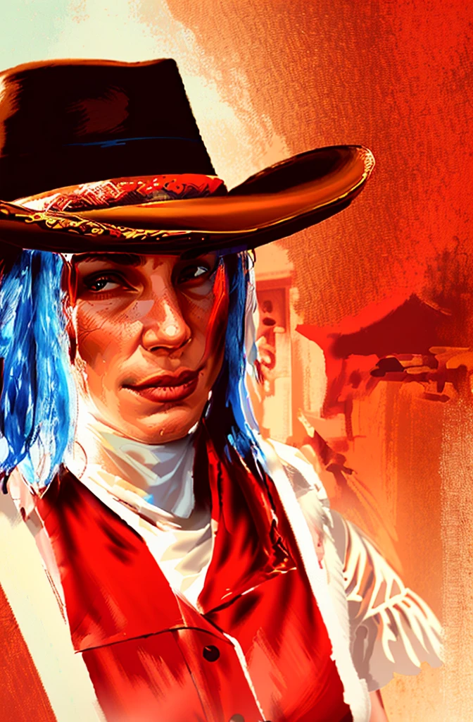 R3DD34Dstyle, digital portrait, cowgirl, white shirt, brown hat, Meticulous Facial Features, patronage, red background