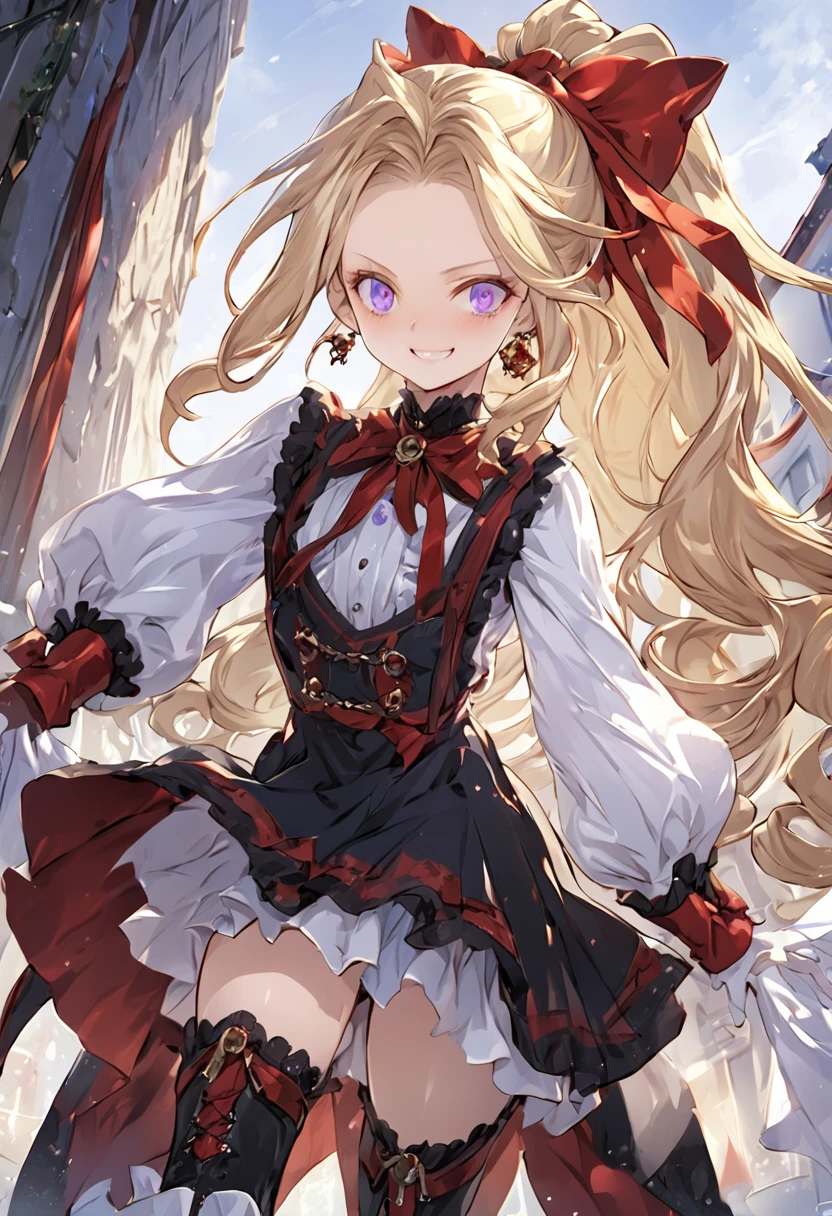 masterpiece, best quality, ultra-detailed, illustration, beautiful detailed eyes, kusakabe maron, kaitou jeanne, long hair, evil smile, black cloth, purple eyes, forehead jewel, boots, blonde hair, bow, ribbon, hair ribbon, ponytail, earrings, red ribbon, red bow, drill hair, high ponytail, beautiful art, high res, perfect face, detailed outfit,