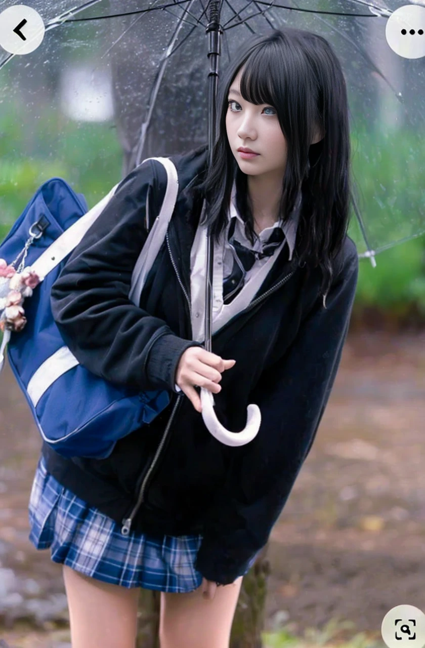 ((( girl))), (((standing alone in a dark forest))), (((raining))), Japanese, medium hair, straight face, no smile, no expression, face down, trainer and mini skirt, poor girl lost and exhausted, wet and lost in a rainy forest, smh dark forest, movie scene, high resolution, high details, details, masterpiece, best quality, awards, highest resolution, realistic, raw photos, 8k wallpaper