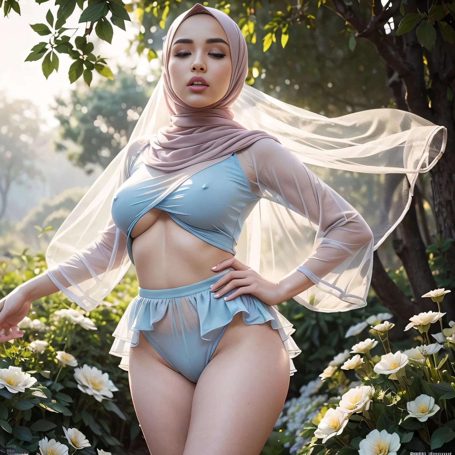 fantasy flower garden, lisianthus, pale pink and light azure color grading, surreal and dreamy environment, ethereal foliage, high contrast, ink strokes, over exposure, abstract, (watercolor painting by John Berkey and Jeremy Mann, brush strokes), dynamic pose, random shot angle, random pose, tight cameltoe, deep cleavage, skin marks, moles, highly detailed skin, flower petals and leaves flying in background, blown by wind, aesthetically pleasing composition, dancing, swaying hip, wearing sheer hijab, (plain outfit, modern-minimalist fashion, haute couture) ((small breast)) ultra realistic, masterpiece, maximum quality, ultra detailed face and eyes:1.3, detailed skin texture, skin pores, film grain, eyes closed, (1 gorgeous malay girl wearing oversized, multilayer, puffed sleeve sheer robe with peplum shorts pants, small breast size), wearing sheer hijab, (cameltoe, thick labia majora)