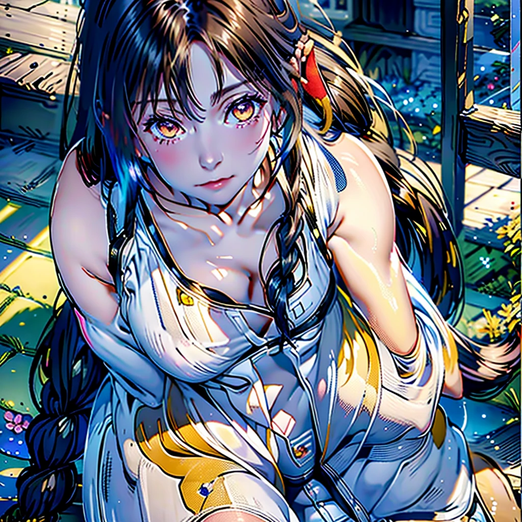 Girl with dog ears and tail, erect ears, honey yellow eyes, Highly detailed eyes, long hair and(( White)) with a small braid on the sides, denim shorts, translucent blouse, whole body, looking up, open mouth smile, big chest, beautiful body, detailed face y con amplia gama de gestos, sitting on a bench around a garden with flowers of various colors, detailed background, detailed face, Play of light and shadows, cinematographic, high quality, 8k, Masterpiece, 