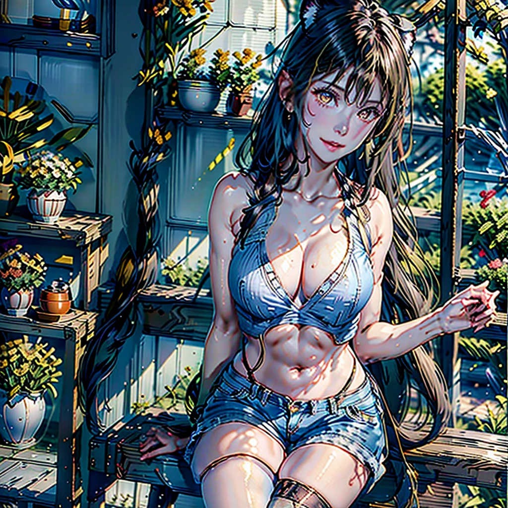 Girl with dog ears and tail, erect ears, honey yellow eyes, Highly detailed eyes, long hair and(( White)) with a small braid on the sides, denim shorts, translucent blouse, whole body, looking up, open mouth smile, big chest, beautiful body, detailed face y con amplia gama de gestos, sitting on a bench around a garden with flowers of various colors, detailed background, detailed face, Play of light and shadows, cinematographic, high quality, 8k, Masterpiece, 