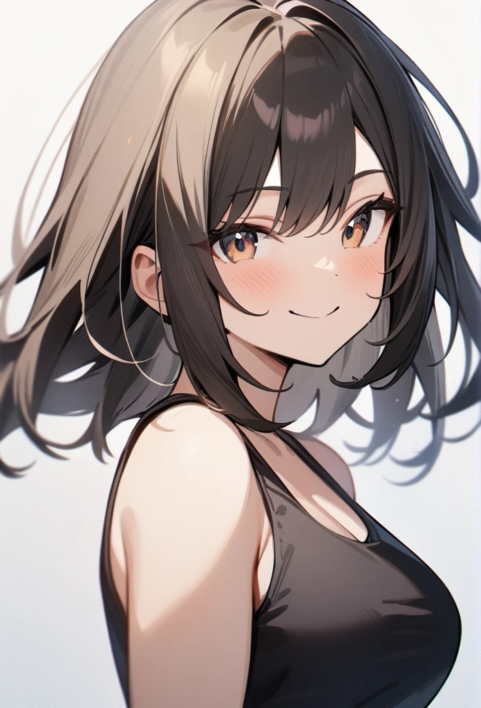 masterpiece, best quality, very aesthetic, absurdres, 1girl, looking at viewer, upper body, medium hair, medium breasts, tank top, smile, simple background
