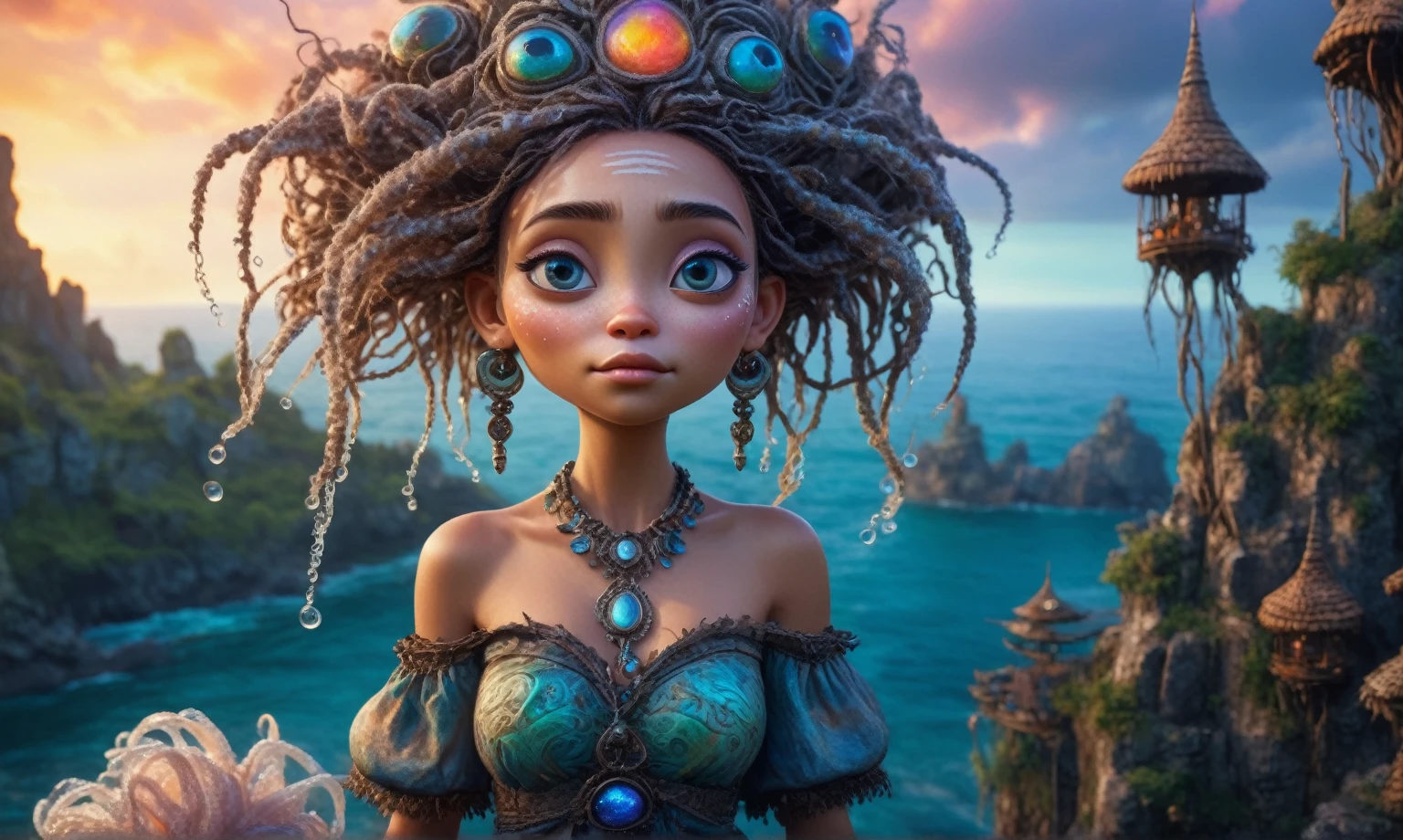 view from height,full-body-shot,quartz opal The Alien Entity Moana, sassiness temper,natural jellyfish's skin textures, hyper realisitc, hyper detailed,Extremely detailed,High contrast, ,Realistic,Ultra Detailed,intricate details,realistic humid skin,extremely intricate,Epic Realistic, Romantic, cinematic style,irina yermolova, messy hair,extremely detailed, ,masterpiece,intricate details,faded,eyes extremely detailed, high detailed eyes,32k resolution, Nikon Z9,orc's village of fishers,National Forest Park,full body length,mother-of-marble,ominous landscape,floating islands on background in dangerous atmosphere,intricate details,realistic humid skin,extremely intricate details,anatomically correct,faded,eyes extremely detailed, high detailed eyes,UHD,Retina,HDR,natural skin textures, hyper realism, hyper detailed,High contrast,Realism,Ultra Detailed,irina yermolova,close full body shot, masterpiece,faded,32k resolution, Nikon Z9,sunset, a Tim Burton-inspired dreamscape,Bun Hair,(Folk clothes:1.5),Mestichino,Light particles,marble's leather
