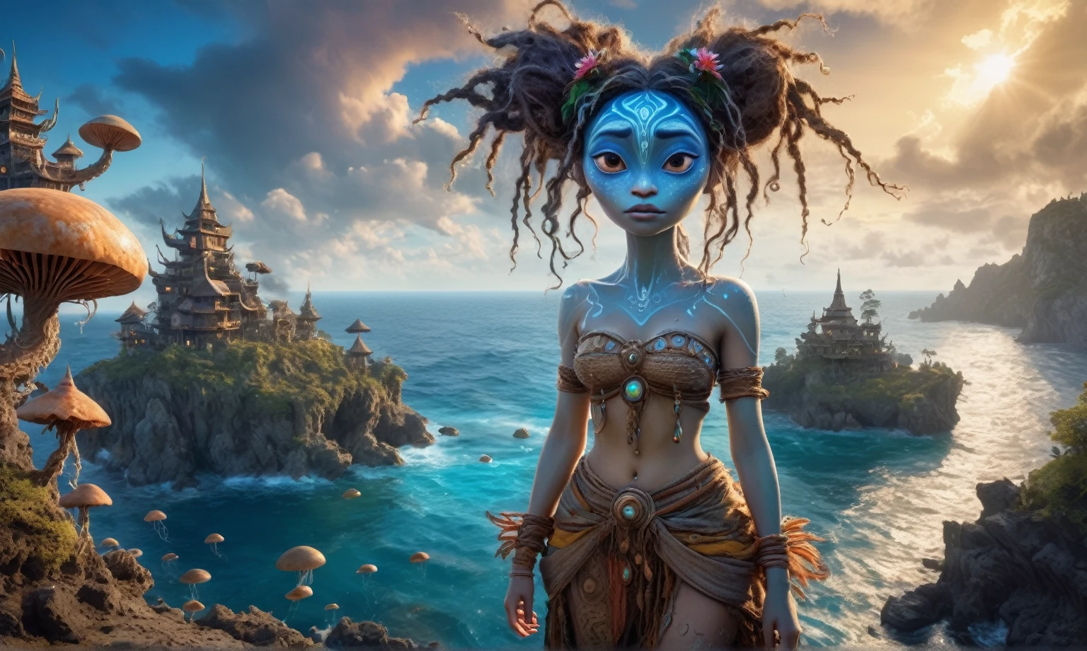 view from height,full-body-shot,quartz opal The Alien Entity Moana, sassiness temper,natural jellyfish's skin textures, hyper realisitc, hyper detailed,Extremely detailed,High contrast, ,Realistic,Ultra Detailed,intricate details,realistic humid skin,extremely intricate,Epic Realistic, Romantic, cinematic style,irina yermolova, messy hair,extremely detailed, ,masterpiece,intricate details,faded,eyes extremely detailed, high detailed eyes,32k resolution, Nikon Z9,orc's village of fishers,National Forest Park,full body length,mother-of-marble,ominous landscape,floating islands on background in dangerous atmosphere,intricate details,realistic humid skin,extremely intricate details,anatomically correct,faded,eyes extremely detailed, high detailed eyes,UHD,Retina,HDR,natural skin textures, hyper realism, hyper detailed,High contrast,Realism,Ultra Detailed,irina yermolova,close full body shot, masterpiece,faded,32k resolution, Nikon Z9,sunset, a Tim Burton-inspired dreamscape,Bun Hair,(Folk clothes:1.5),Mestichino,Light particles,marble's leather 