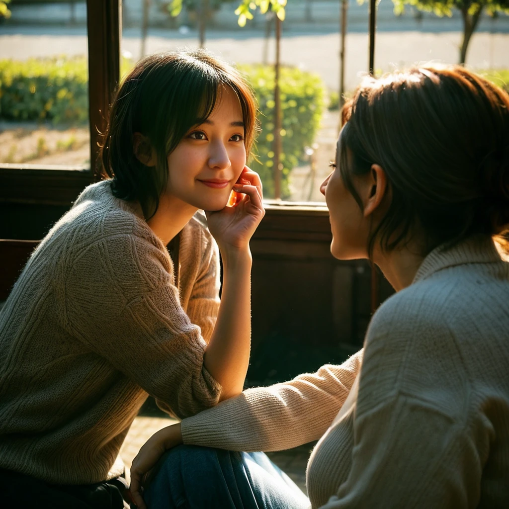 "A lonely woman sitting in the corner of a cozy café, surrounded by people yet isolated. She appears deep in thought, her expression reflecting sadness and solitude. The scene is softly lit, with warm, ambient light casting gentle shadows. The background shows blurred, indistinct faces of other café patrons, emphasizing her feeling of disconnection.

As the image progresses, show her in the morning light, washing her face, trying to hide her tears and pain. Transition to a park scene where she meets an older woman who offers a comforting presence. The older woman has a kind smile, and they are sitting on a bench, talking.

Finally, depict her in front of a mirror, softly lit, whispering to herself with a hint of a hopeful smile. The background should include elements of nature, symbolizing growth and healing, and a subtle light breaking through, indicating hope and new beginnings.""。 High resolution, masterpiece, Highest quality, Intricate details, Very detailed, Clear focus, Delicate skin, practical skin texture, texture, Delicate eyes, Professional, 4K, Shot with Canon, 85mm, Shallow and deep,  Kodak Vision Color, Exactly, Very detailed, photograph_\(Extremist\), photographpractical, practical, Post-processing, Maximum details, Roughness, Real Life, Extremist practical, Photorealism, photographgraphy, 8K Ultra HD, photographgraphy