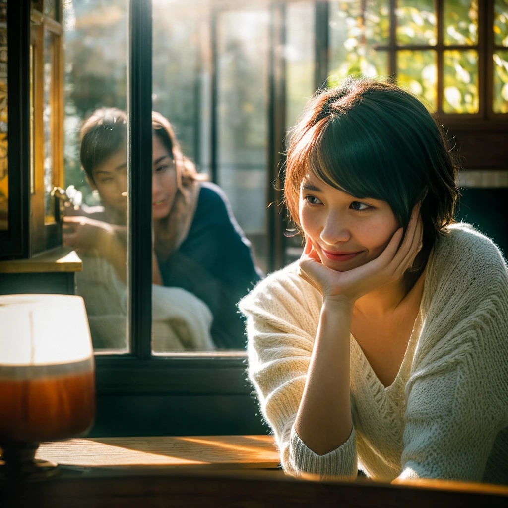 "A lonely woman sitting in the corner of a cozy café, surrounded by people yet isolated. She appears deep in thought, her expression reflecting sadness and solitude. The scene is softly lit, with warm, ambient light casting gentle shadows. The background shows blurred, indistinct faces of other café patrons, emphasizing her feeling of disconnection.
As the image progresses, show her in the morning light, washing her face, trying to hide her tears and pain. Transition to a park scene where she meets an older woman who offers a comforting presence. The older woman has a kind smile, and they are sitting on a bench, talking.
Finally, depict her in front of a mirror, softly lit, whispering to herself with a hint of a hopeful smile. The background should include elements of nature, symbolizing growth and healing, and a subtle light breaking through, indicating hope and new beginnings.""。 High resolution, masterpiece, Highest quality, Intricate details, Very detailed, Clear focus, Delicate skin, practical skin texture, texture, Delicate eyes, Professional, 4K, Shot with Canon, 85mm, Shallow and deep, Kodak Vision Color, Exactly, Very detailed, photograph_\(Extremist\), photographpractical, practical, Post-processing, Maximum details, Roughness, Real Life, Extremist practical, Photorealism, photographgraphy, 8K Ultra HD, photographgraphy