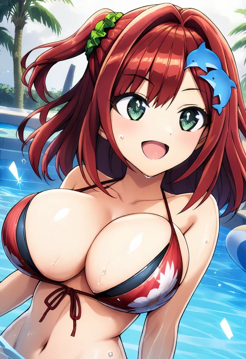 1girl, sakimiya iruka, dolphin wave, red hair, green scrunchie, hair ornament, green eyes, 
bikini, smile, 
pool, 
masterpiece, best quality, very aesthetic, newest, cinematic lighting, highres, absurdres, incredibly absurdres, 