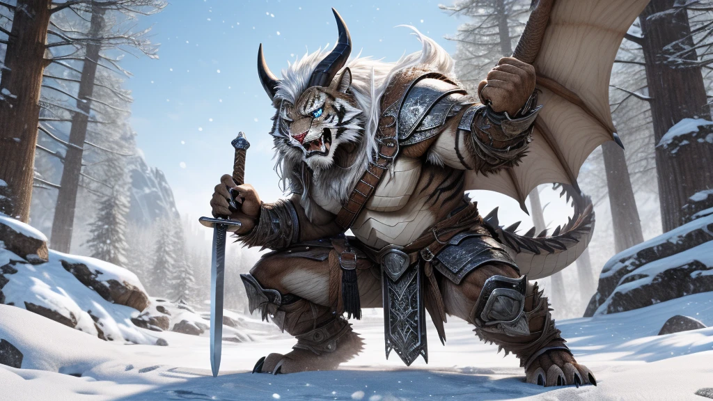 head、Animal cat face、A pair of dragon horns,Full body of fluffy white hair、Heavy breathing、Gnashing of teeth,Serious expression,Fluffy belly、Leather Armor,Viking style,wildcat、blue eyes,(contour)Full body covered with long white hair、Hairy body、Long and thick armpit hair、Fangs、4K,Black and white photo tree background,Snow Scene,Sharp claws、Capture the composition of the whole body、Fighting stance with weapons/sword/dagger