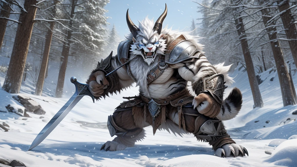 head、Animal cat face、A pair of dragon horns，Full body of fluffy white hair、Heavy breathing、Gnashing of teeth,Serious expression,Fluffy belly、Leather Armor，Viking style，wildcat、blue eyes，(contour）Full body covered with long white hair、Hairy body、Long and thick armpit hair、Fangs、4K，Black and white photo tree background，Snow Scene，Sharp claws、Capture the composition of the whole body、Fighting stance with weapons/sword/dagger
