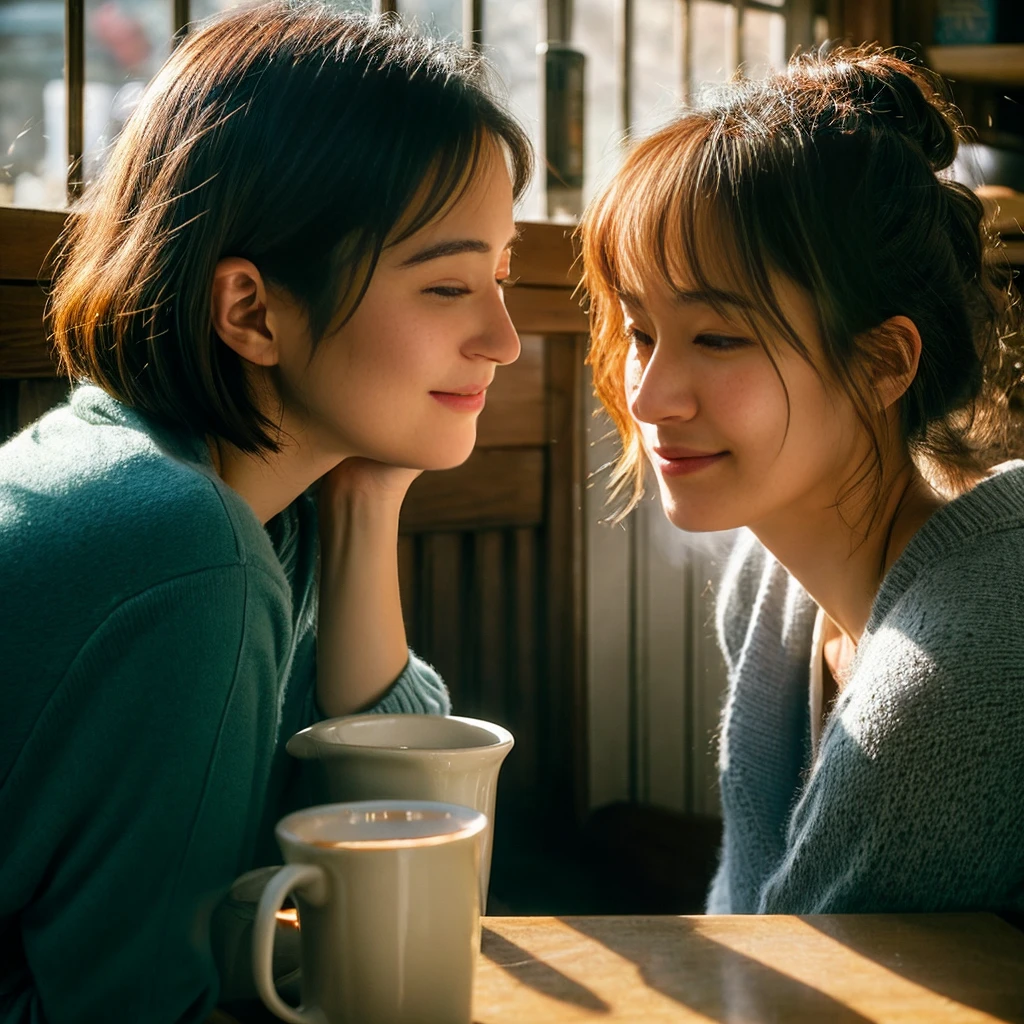 "A lonely woman sitting in the corner of a cozy café, surrounded by people yet isolated. She appears deep in thought, her expression reflecting sadness and solitude. The scene is softly lit, with warm, ambient light casting gentle shadows. The background shows blurred, indistinct faces of other café patrons, emphasizing her feeling of disconnection.
As the image progresses, show her in the morning light, washing her face, trying to hide her tears and pain. Transition to a park scene where she meets an older woman who offers a comforting presence. The older woman has a kind smile, and they are sitting on a bench, talking.
Finally, depict her in front of a mirror, softly lit, whispering to herself with a hint of a hopeful smile. The background should include elements of nature, symbolizing growth and healing, and a subtle light breaking through, indicating hope and new beginnings.""。 High resolution, masterpiece, Highest quality, Intricate details, Very detailed, Clear focus, Delicate skin, practical skin texture, texture, Delicate eyes, Professional, 4K, Shot with Canon, 85mm, Shallow and deep, Kodak Vision Color, Exactly, Very detailed, photograph_\(Extremist\), photographpractical, practical, Post-processing, Maximum details, Roughness, Real Life, Extremist practical, Photorealism, photographgraphy, 8K Ultra HD, photographgraphy
