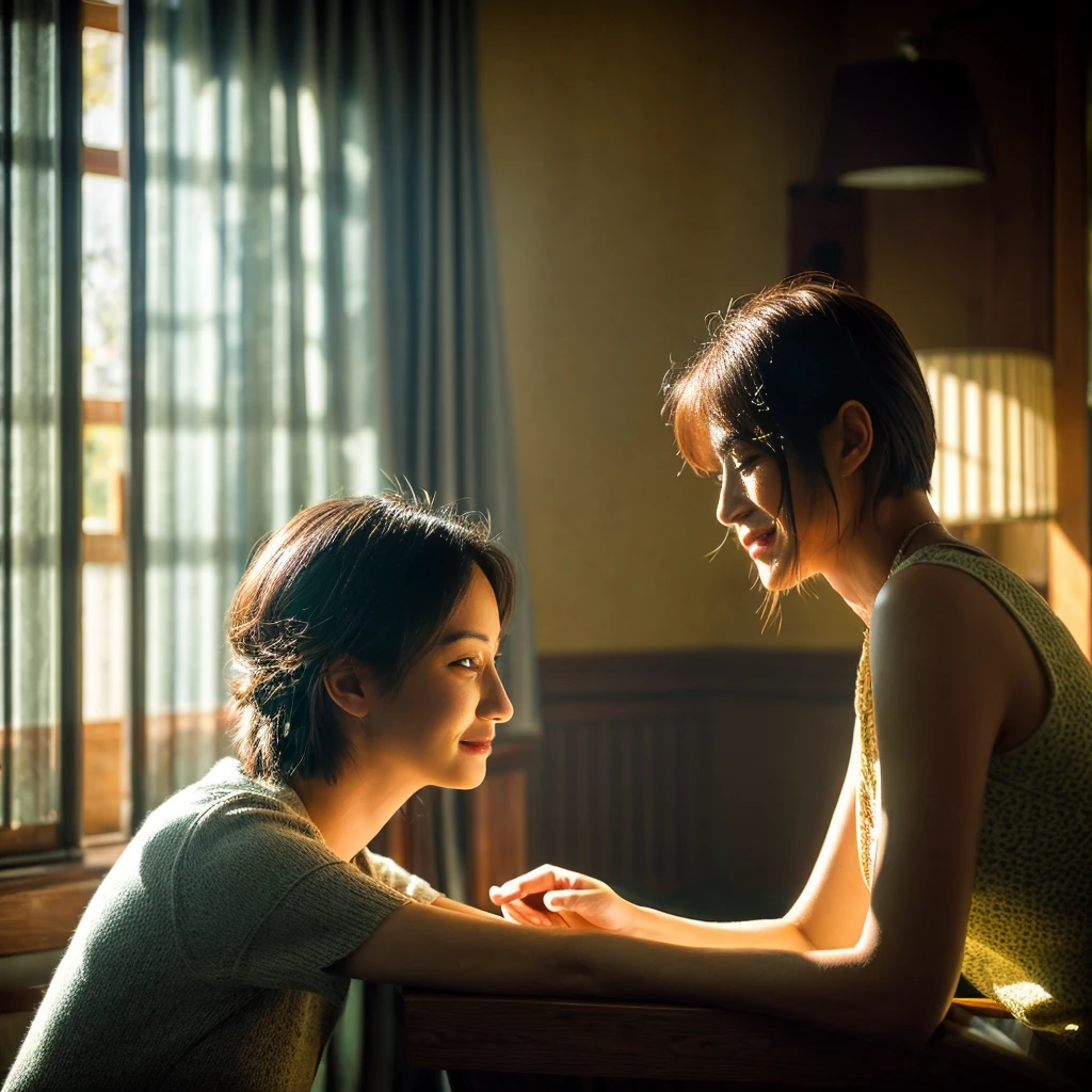 "A lonely woman sitting in the corner of a cozy café, surrounded by people yet isolated. She appears deep in thought, her expression reflecting sadness and solitude. The scene is softly lit, with warm, ambient light casting gentle shadows. The background shows blurred, indistinct faces of other café patrons, emphasizing her feeling of disconnection.

As the image progresses, show her in the morning light, washing her face, trying to hide her tears and pain. Transition to a park scene where she meets an older woman who offers a comforting presence. The older woman has a kind smile, and they are sitting on a bench, talking.

Finally, depict her in front of a mirror, softly lit, whispering to herself with a hint of a hopeful smile. The background should include elements of nature, symbolizing growth and healing, and a subtle light breaking through, indicating hope and new beginnings.""。 High resolution, masterpiece, Highest quality, Intricate details, Very detailed, Clear focus, Delicate skin, practical skin texture, texture, Delicate eyes, Professional, 4K, Shot with Canon, 85mm, Shallow and deep,  Kodak Vision Color, Exactly, Very detailed, photograph_\(Extremist\), photographpractical, practical, Post-processing, Maximum details, Roughness, Real Life, Extremist practical, Photorealism, photographgraphy, 8K Ultra HD, photographgraphy