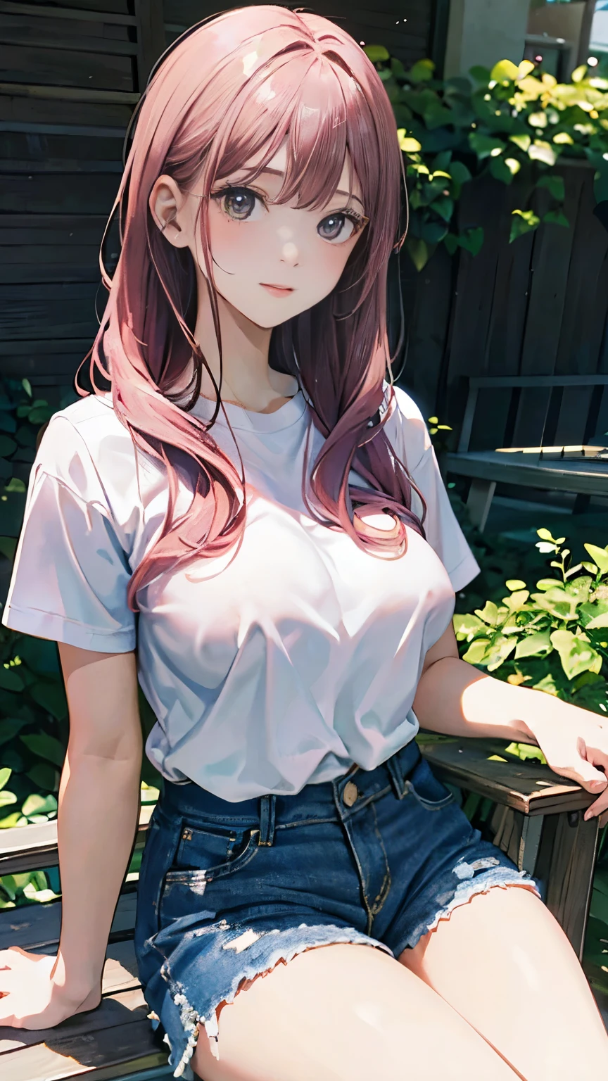 (masterpiece:1.2, Top quality),, Nice illustration, (Natural side Light, Light), 
Looking at the audience, 1 girl,Protruding nipples， Pink hair，White shirt clothes，Denim shorts，Large Breasts，Nipple protrusion 2:1，She sits in a garden chair，Protruding nipples:2.5