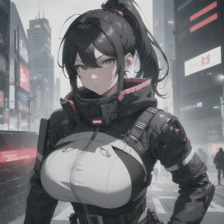 Absurd resolution,high resolution,(masterpiece: 1.4),hyper-detail,fullbody shot head to toe,full frontal camera perspective,solo,shorter,standing straight up,kemono feline cat gynomorph, big dick, big penis bulge, puffy inverted nipple silhouette,no skin other than neck and head shown,utility suit,black hair,messy ponytail,cute face,detailed soft grey luminous eyes,huge massive hyper super swollen heavy breasts,breasts so big that cover her whole torso and are bigger than her head while being so big they reach her belly button,extremely super large swollen perky heavy bust,super huge enormously gigantic tits,gigantic breasts stretching/straining out of her outfit looking like they are about to burst out,breasts compressed squishing barely contained in outfit,inflated breasts,breasts_expansion,super gigantic swollen heavy tits,wide full hips,narrower torso and shoulders,smaller torso,narrower waist,full thicc big soft thighs,thicc big full thighs,big rounded full soft butt,thicc butt,ruggedized utility styled outfit,fully insulated suit,full body outfit coverage with no skin showing or revealed,airtight/watertight zippers and seals,scifi monochrome black and grey fullbody covering protective padding rugged loose-fitted pilot utility suit with strategically placed protective padding,white zipped utility cropped top for breasts support with a black strap horizontal across cleavage worn on top of suit,tactical strategic angular-patterned protective padding on hips and thighs and abdomen,practical/functional clothing,weather-proof durable clothing material,nylon clothing material,custom made clothing to fit and support large breasts,scifi padded rugged rigid high collar cropped cutout fitted techwear jacket,armored high collar,white and black triangular decals and techwear iconography on apparel and clothing,techwear gloves,ruggedized tech,ruggedized tech aesthetic,fitted utility pants,utility chaps,near future scifi,cyberpunk aesthetic,anime aesthetic,tactical aesthetic