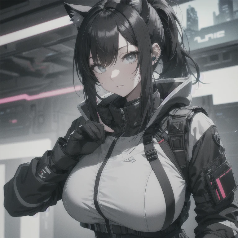 Absurd resolution, high resolution, (masterpiece: 1.4), hyper-detail, fullbody image, solo, 1 kemono feline cat woman, black hair, messy ponytail, cute face, detailed soft grey eyes, extremely large bust, huge hyper super breasts, wide full hips, narrower torso, smaller torso, full thicc soft thighs, rounded full soft butt, monochrome black and grey fullbody covering protective padding pilot rugged utility suit with white accents and chest, cyberpunk padded high collar techwear jacket with white and black triangular decals and techwear iconography, techwear gloves, lower arm mounted display scifi tablet/communication device/computer, rugged tablet display mounted on MOLLE strap on top of her bust, fitted utility pants, near future scifi, cyberpunk aesthetic, anime aesthetic