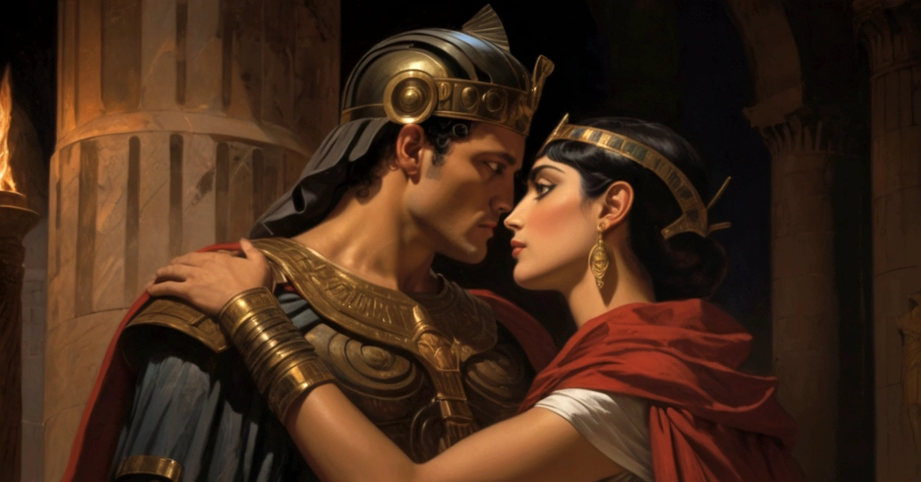 In a majestic painting, Julio Cesar, with his iconic red cape and detailed armor, hugs Cleopatra, who looks stunning in a majestic black dress. They are close, almost kissing, with intense and passionate looks. Your figures, precision-carved, look like marble statues, immortalizing an intimate and historic moment in front of ancient columns, symbolizing the eternal romance and greatness of two legendary figures.