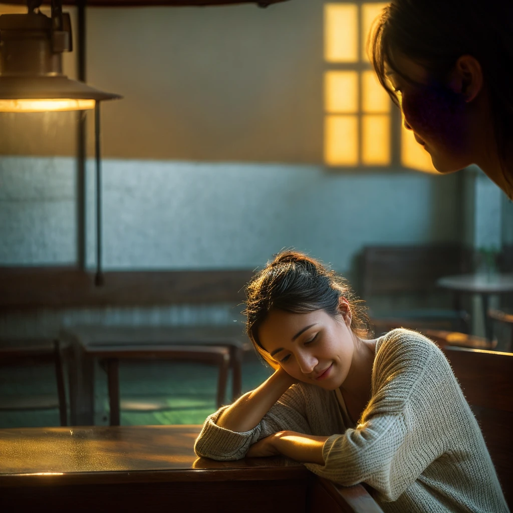 "A lonely woman sitting in the corner of a cozy café, surrounded by people yet isolated. She appears deep in thought, her expression reflecting sadness and solitude. The scene is softly lit, with warm, ambient light casting gentle shadows. The background shows blurred, indistinct faces of other café patrons, emphasizing her feeling of disconnection.
As the image progresses, show her in the morning light, washing her face, trying to hide her tears and pain. Transition to a park scene where she meets an older woman who offers a comforting presence. The older woman has a kind smile, and they are sitting on a bench, talking.
Finally, depict her in front of a mirror, softly lit, whispering to herself with a hint of a hopeful smile. The background should include elements of nature, symbolizing growth and healing, and a subtle light breaking through, indicating hope and new beginnings.""。 High resolution, masterpiece, Highest quality, Intricate details, Very detailed, Clear focus, Delicate skin, practical skin texture, texture, Delicate eyes, Professional, 4K, Shot with Canon, 85mm, Shallow and deep, Kodak Vision Color, Exactly, Very detailed, photograph_\(Extremist\), photographpractical, practical, Post-processing, Maximum details, Roughness, Real Life, Extremist practical, Photorealism, photographgraphy, 8K Ultra HD, photographgraphy
