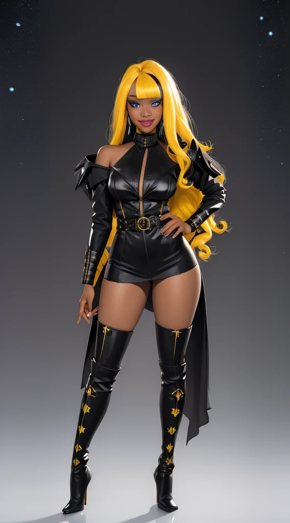 Sexy Hermaphrodite, Plump, pursed lips, freckles, Long curly black and yellow hair with bangs, Crystal blue eyes with smoky eyeshadow and black eyeliner, Black semi-matt lipstick, Dark Skin, A frivolous, proud smile, ,Full body image、Background white、Stiletto heel thigh-high boots